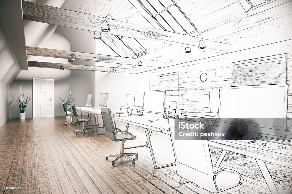 Coworking office unfinished project Unfinished project of country style coworking office interior. 3D Rendering Office Stock Photo