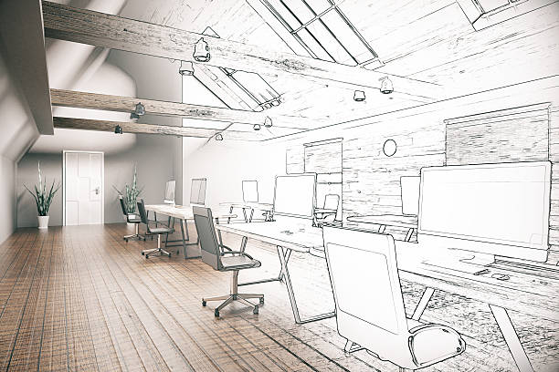 Coworking office unfinished project Unfinished project of country style coworking office interior. 3D Rendering measuring a room stock pictures, royalty-free photos & images