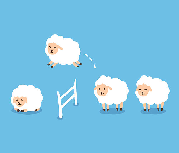 Counting Sheep illustration Counting sheep to fall asleep vector illustration. Cute cartoon sheep jumping over fence. counting stock illustrations