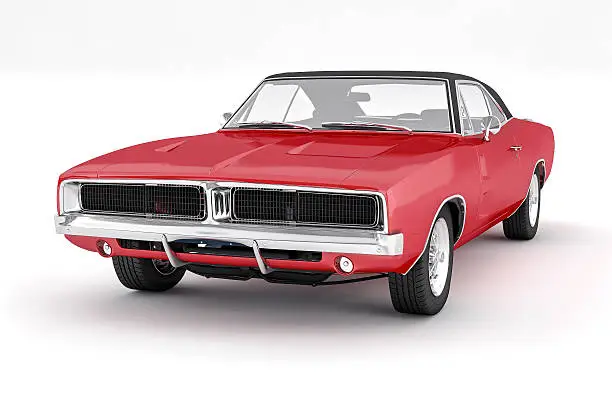 Photo of 3D Isolated Red Muscle Car. 1970s American Vintage.