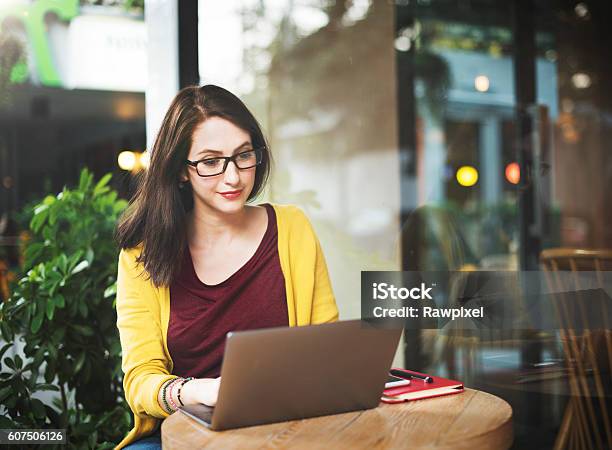 Woman Laptop Browsing Searching Social Networking Technology Con Stock Photo - Download Image Now