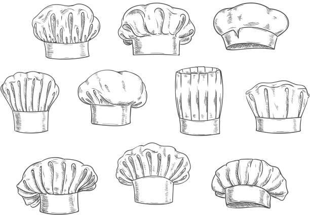 Chef hat, cook cap and toque sketches Sketched chef hat, cook cap and toque. Kitchen staff uniform, professional headwear for restaurant, cafe and menu design chef hat stock illustrations