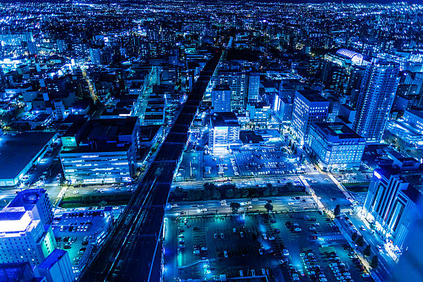 夜の街並み - 北海道 札幌 道路 ハイアングル ストックフォトと画像