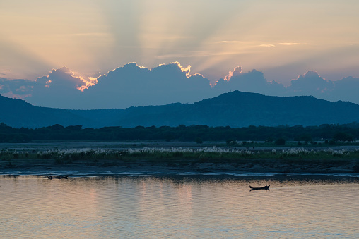 Sunset Bagan on Irrawaddy river, Myanmar