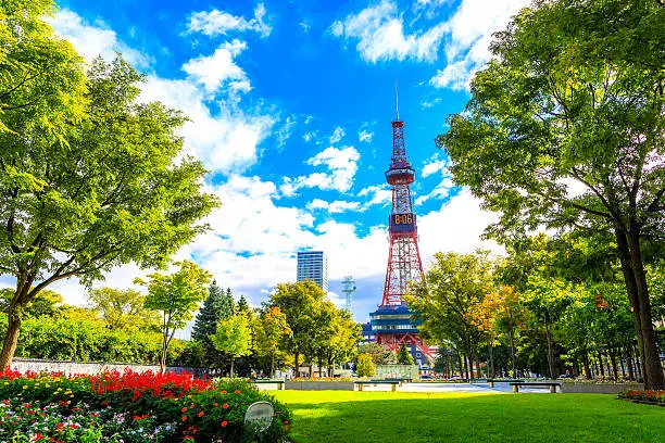Sapporo, Japan -  9 September 2016 - Television tower at Odori Park, Sapporo, Hokkaido, Japan