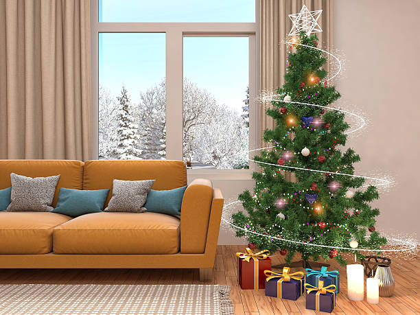 istock Christmas tree with decorations in the living room. 3d illustrat 607585882
