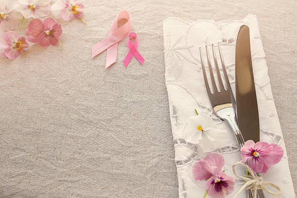 Pink ribbon day table setting with pink flowers Pink ribbon day table setting with pink flowers, copy space toning background stomach knot stock pictures, royalty-free photos & images