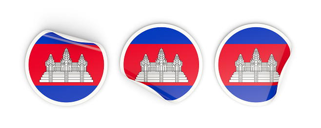 Flag of cambodia, three round labels isolated on white. 3D illustration