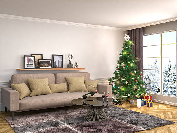 istock Christmas tree with decorations in the living room. 3d illustrat 607586796