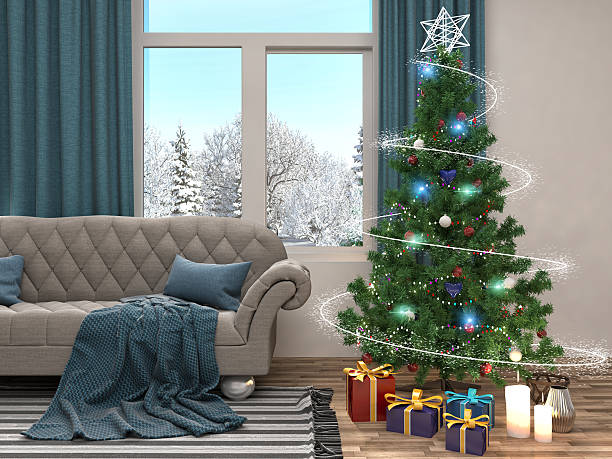 istock Christmas tree with decorations in the living room. 3d illustrat 607587072