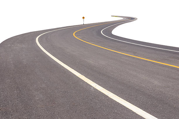 istock Black asphalt road with white and yellow line isolated 607587448