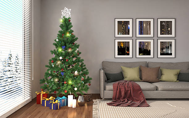 istock Christmas tree with decorations in the living room. 3d illustrat 607587724