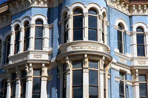 Blue building in Victorian style on Water Street, Port Townsend