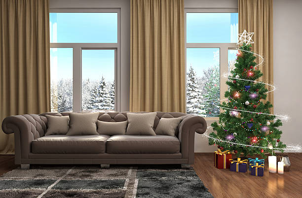 istock Christmas tree with decorations in the living room. 3d illustrat 607589858