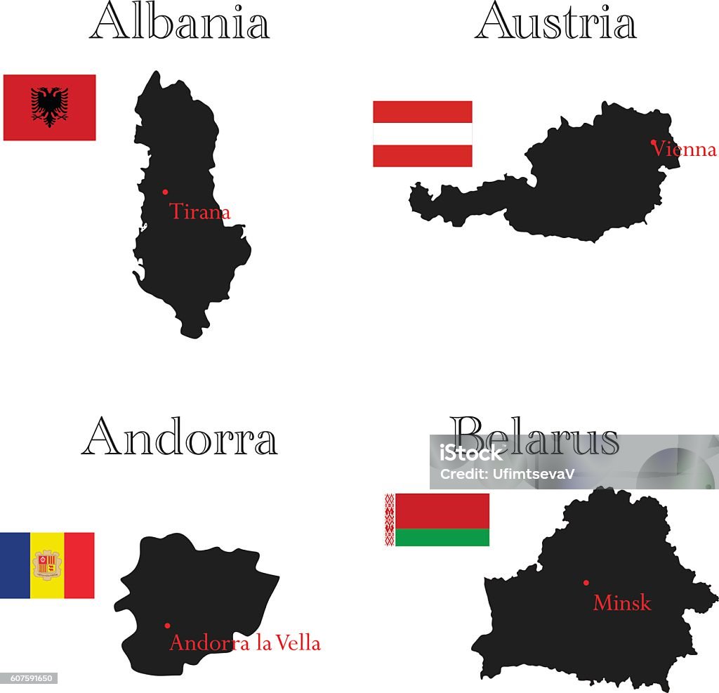 Countries of Europe. Albania, Andorra, Austria, Belarus Countries of Europe with borders, flags and capitals, Albania, Andorra, Austria, Belarus Albania stock vector