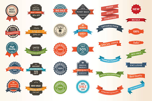 ilustrações de stock, clip art, desenhos animados e ícones de set of vintage labels, ribbons, sticker and badges - ribbon banner internet label