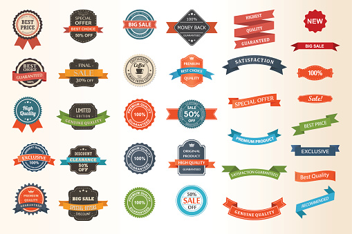 Set of vintage Labels, Ribbons, Sticker and Badges design elements.