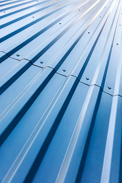 istock blue corrugated steel roof with rivets 607592998