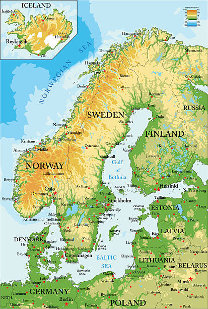 skandynawia- mapa fizyczna - sweden map stockholm vector stock illustrations