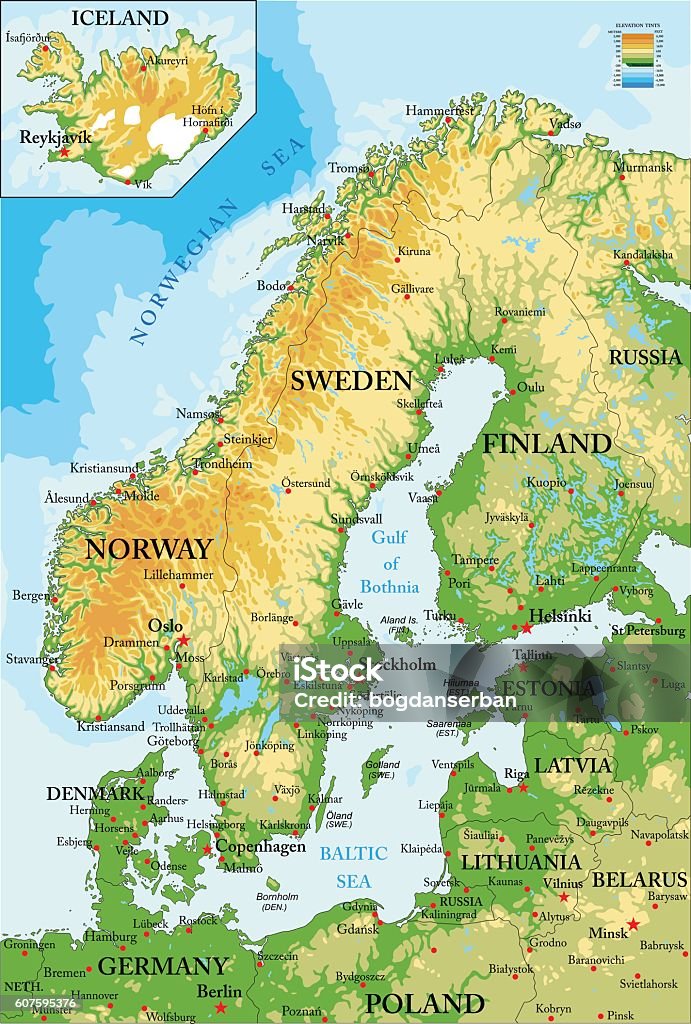 Scandinavia-physical map Highly detailed physical map of Scandinavia and  Map stock vector