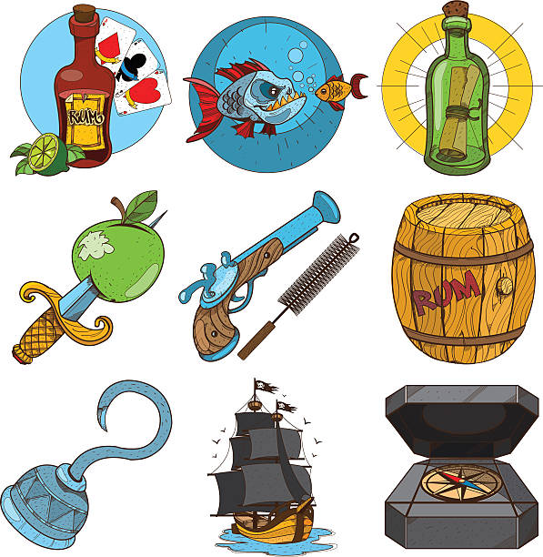 ustaw pirackie rzeczy. statek, lufa rumu, pirackie haki, sztylet. - ramrod stock illustrations