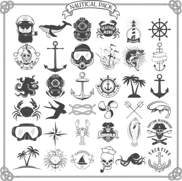 Vector illustration of Big set of design elements for nautical emblems, seafood restaur