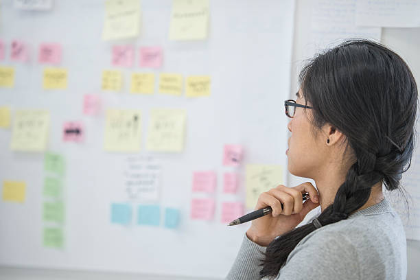 istock A businesswoman is looking at a whiteboard full of 607600322