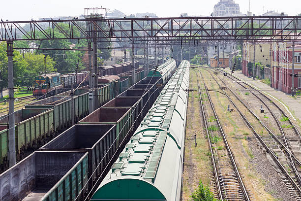 istock Several freight trains on the railway freight station 607601902