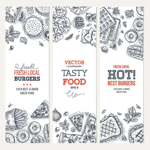 fast food banner collection . linear graphic. snack collection. - atıştırmalıklar illüstrasyonlar stock illustrations