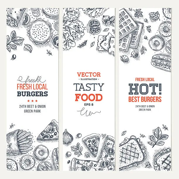 Vector illustration of Fast food banner collection . Linear graphic. Snack collection.