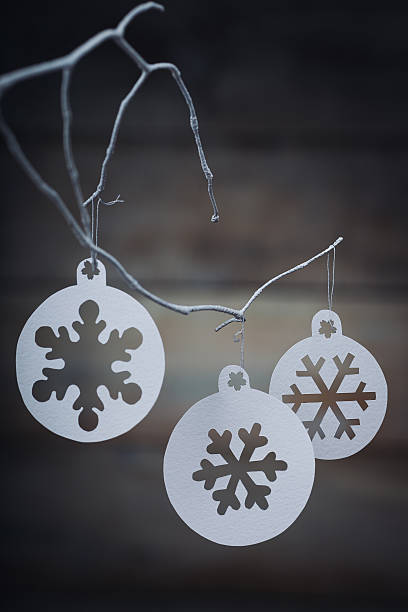 istock Christmas decorations (snowflake) hanging over wooden background 607604428