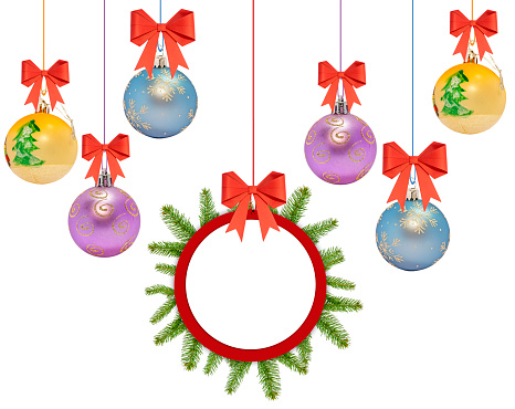 Several christmas decorative ball with bow and pine tree on white background