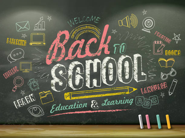 교육 평면 디자인 - reading and writing single word blackboard chalk stock illustrations