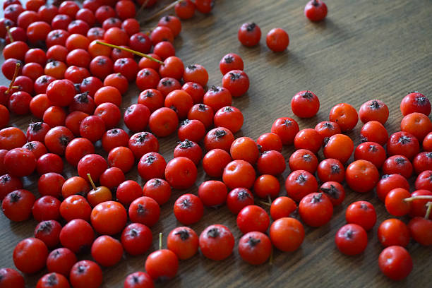 木製のテーブルの上にサンザシの赤い果実。こんにちは、秋! - hawthorn berry fruit common fruit ストックフォトと画像