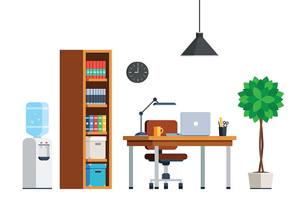 Workplace interior furniture Workplace interior furniture: desk, laptop, chair, bookcase, water cooler, tree, lamp, clock. Office theme web banner. Flat style trendy vector illustration isolated on white background desk backgrounds stock illustrations