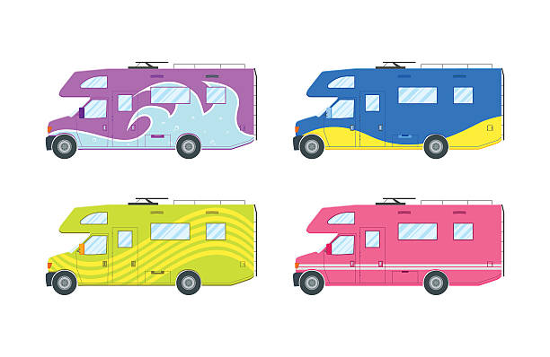 Modern flat camper van set Modern flat camper van set. Car for family travel. Concept of outdoor recreation and travel around the world. Poster, card, leaflet or banner template design with place for text. Vector illustration film trailer music stock illustrations