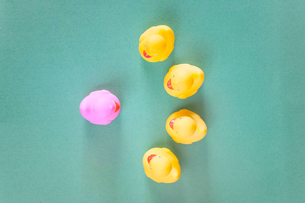 istock Pink rubber duck standing out from the common yellow ones 607610066