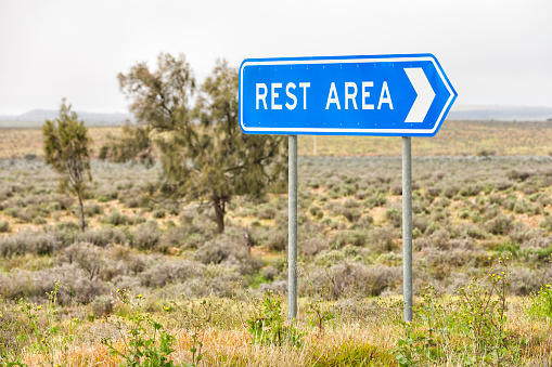 Blue rest area sign on side of road with grey sky and green vegetation