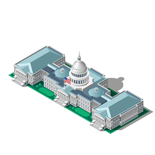 Election Infographic Parliament Vector Isometric Building Election infographic.Us Washington DC capitol dome presidential conference meeting.Party convention hall.3D flat isometric senate congress politic tribune theatre auditorium.Vector isometric building senate stock illustrations