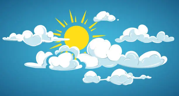 Vector illustration of Blue sky, sun and white clouds vector illustration