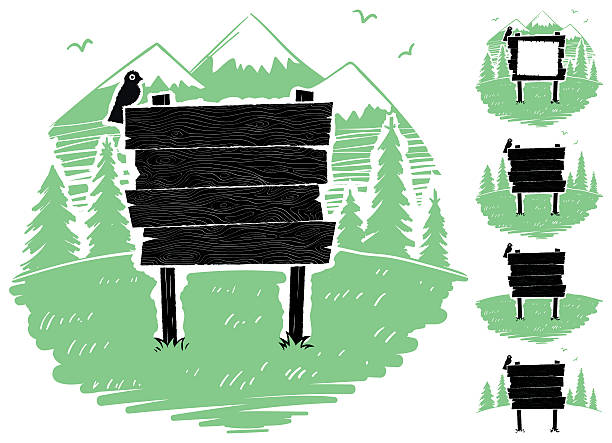 Mountain Sign Cartoon wooden sign on mountain meadow. 4 additional versions included. hiking sign stock illustrations