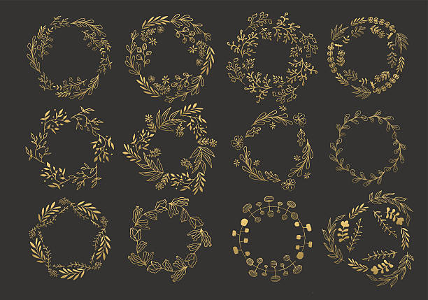 ilustraciones, imágenes clip art, dibujos animados e iconos de stock de coronas de oro y laureles - illustration technique leaf evergreen tree wedding