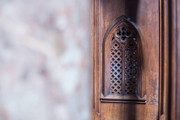 old wooden confessional in monastery - confession religion imagens e fotografias de stock