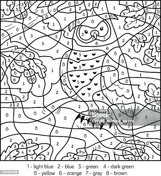 Color By Number Owl Stock Illustration - Download Image Now - Number, Color Image, Child