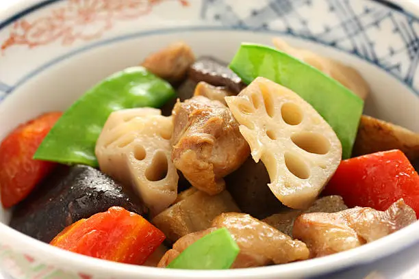 Photo of chikuzenni, simmered chicken and vegetables, japanese cuisine