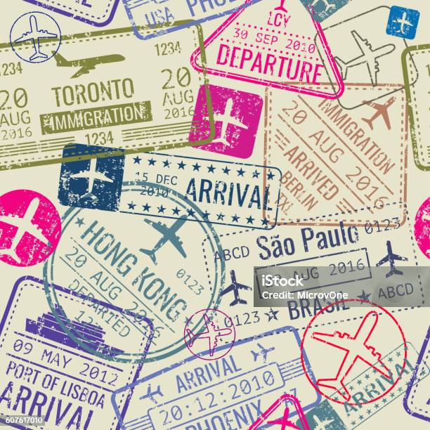 여권 비자 스탬프가 있는 벡터 원활패턴 비자에 대한 스톡 벡터 아트 및 기타 이미지 - 비자, 배경-주제, 여행-주제