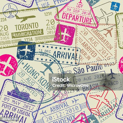 istock Vector seamless pattern with passport visa stamps 607617010