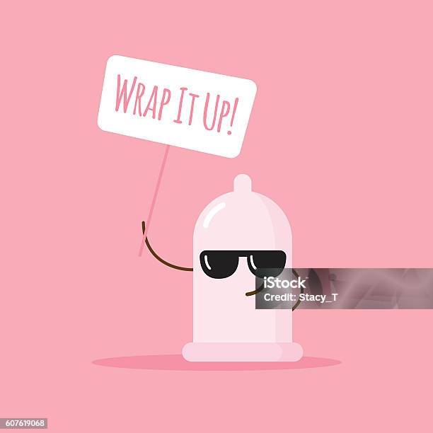 Vector Emoji Condom With Poster About Safe Love Cartoon Sticker Stock Illustration - Download Image Now