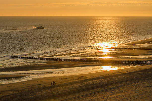 camminare sulla spiaggia al tramonto. - silhouette three people beach horizon foto e immagini stock