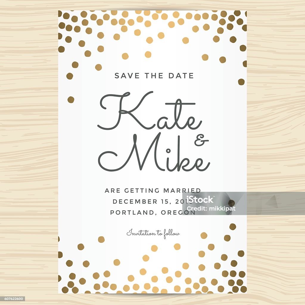 Save the date, wedding invitation card with golden dots background. Save the date, wedding invitation card template with golden color dots  background - Vector illustration. Spotted stock vector
